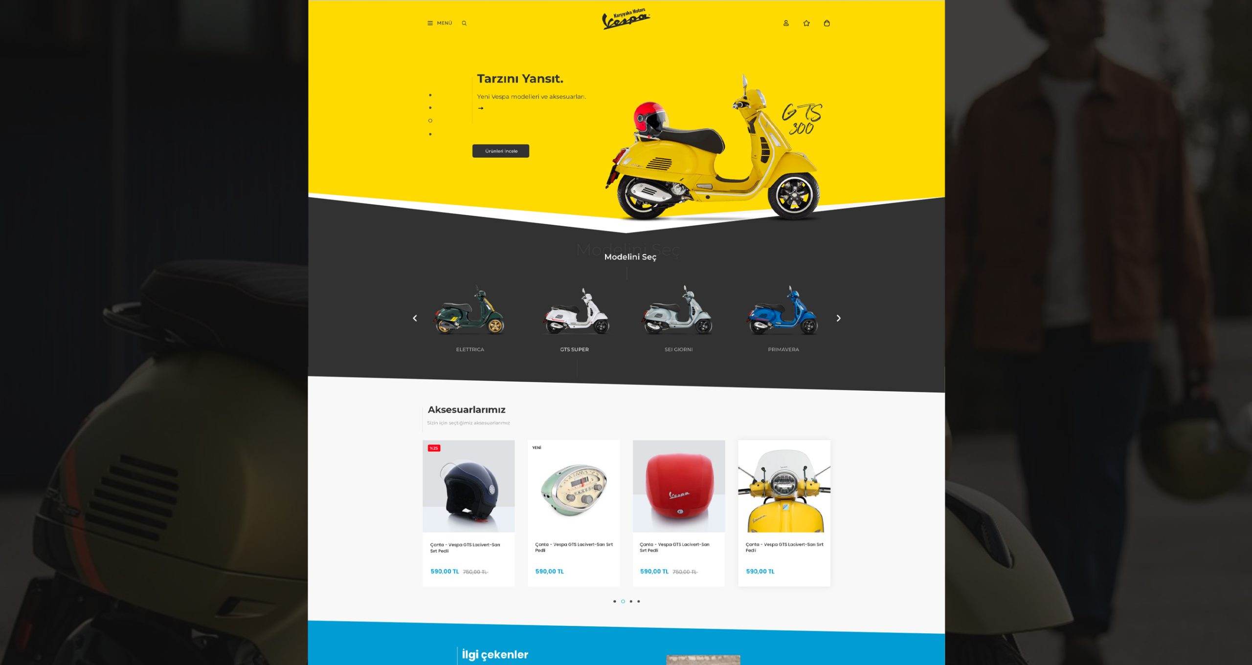 Vespa e-ticaret sitesi: sarı hero üzerinde sarı bir scooter, kask ve aksesuar sırası.