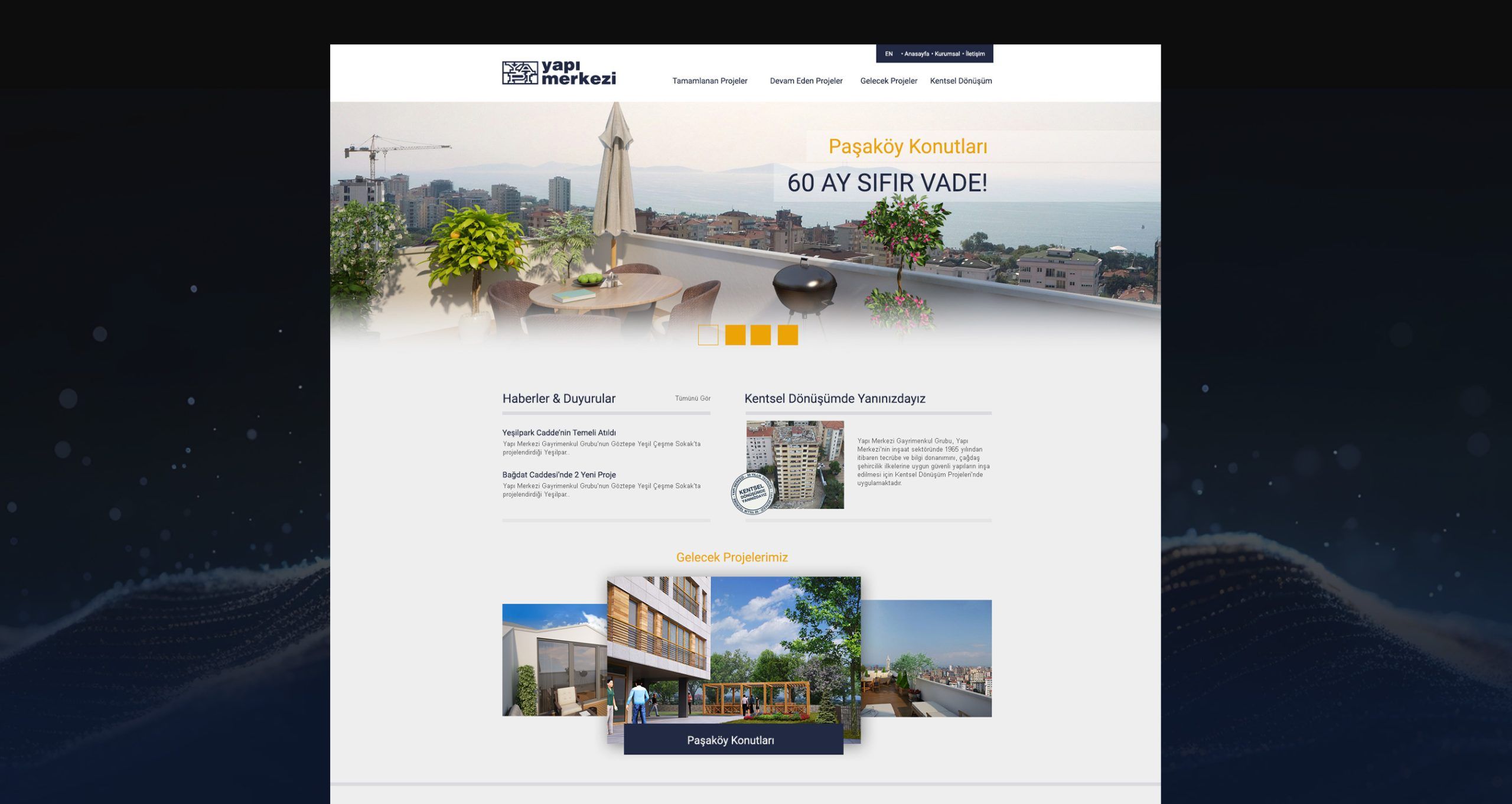 Yapı Merkezi housing project site with a rooftop terrace render and a “60 months, zero interest” headline.