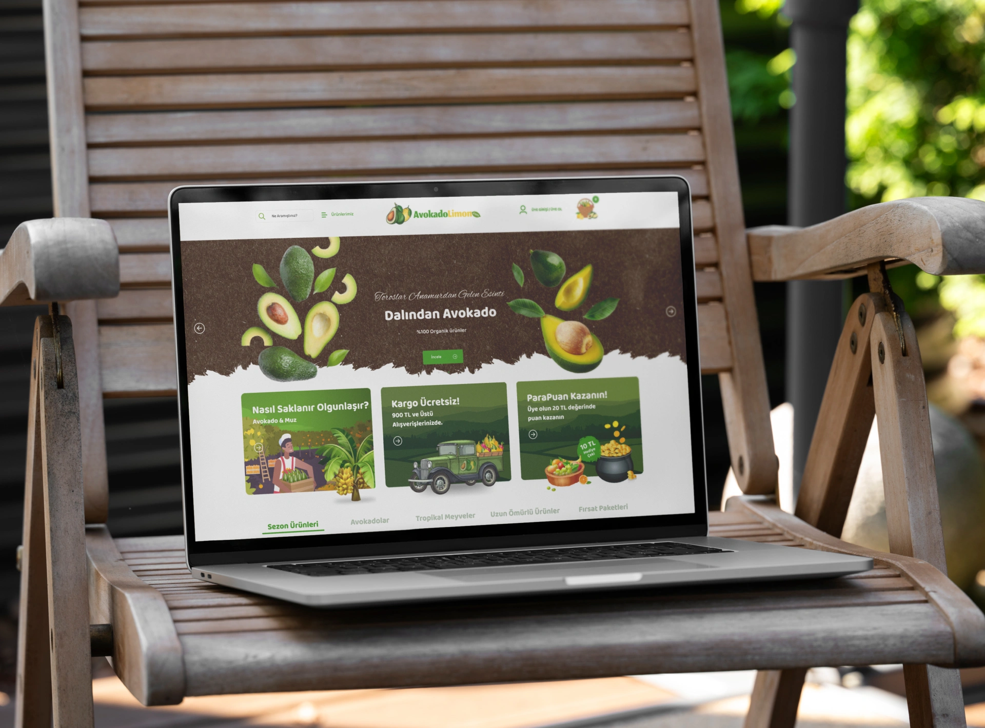 Açık havada dizüstünde Avakado Limon e-ticaret sitesi; avokado illüstrasyonları ve yeşil ürünler.