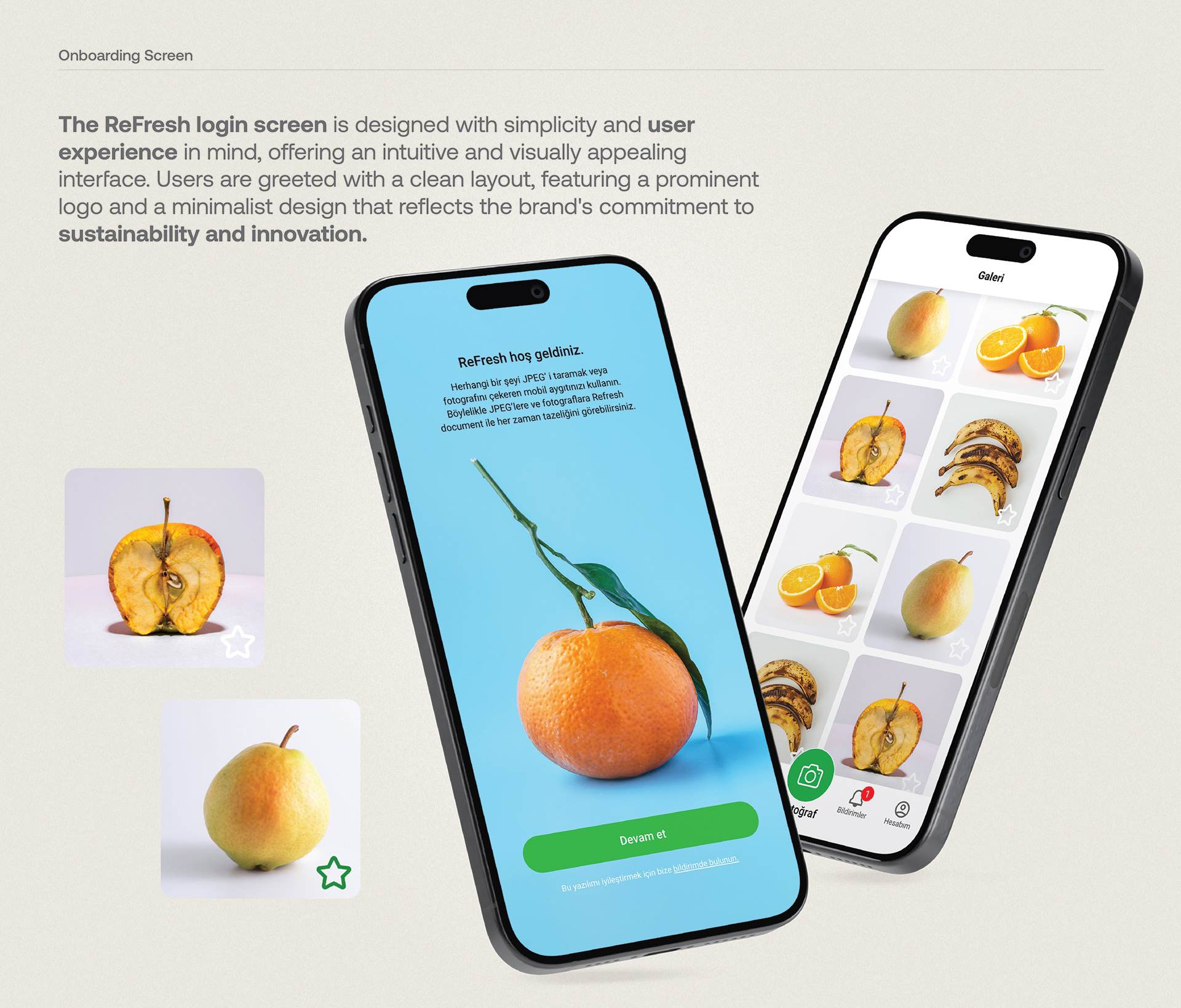 ReFresh AI mobil uygulama ekranları: market ürünlerini tarama ve yeşil-mavi bir tazelik paneli.