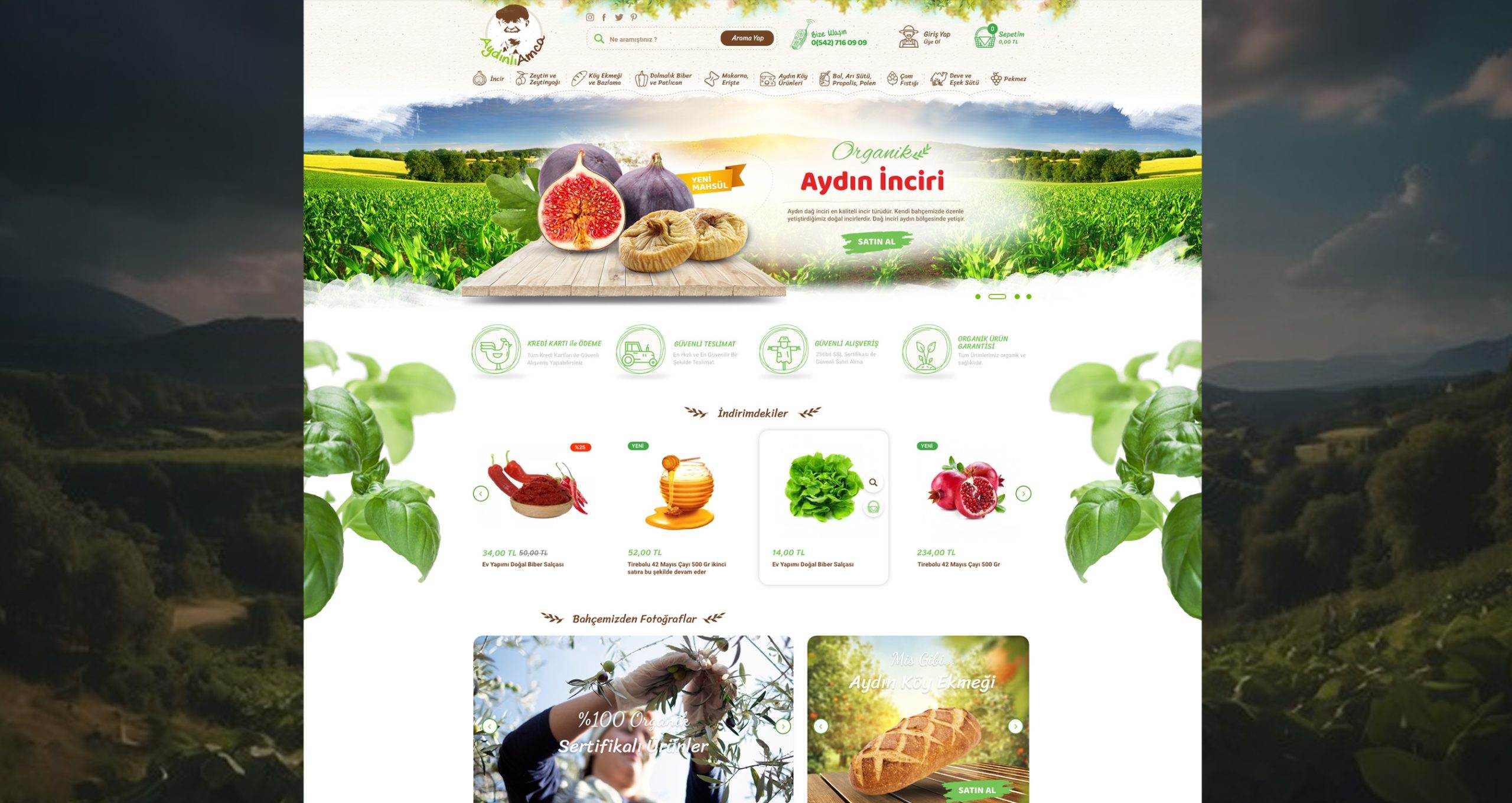 İncir hero'su ve ürün fotoğraflarıyla Aydınlı organik gıda e-ticaret sitesi.