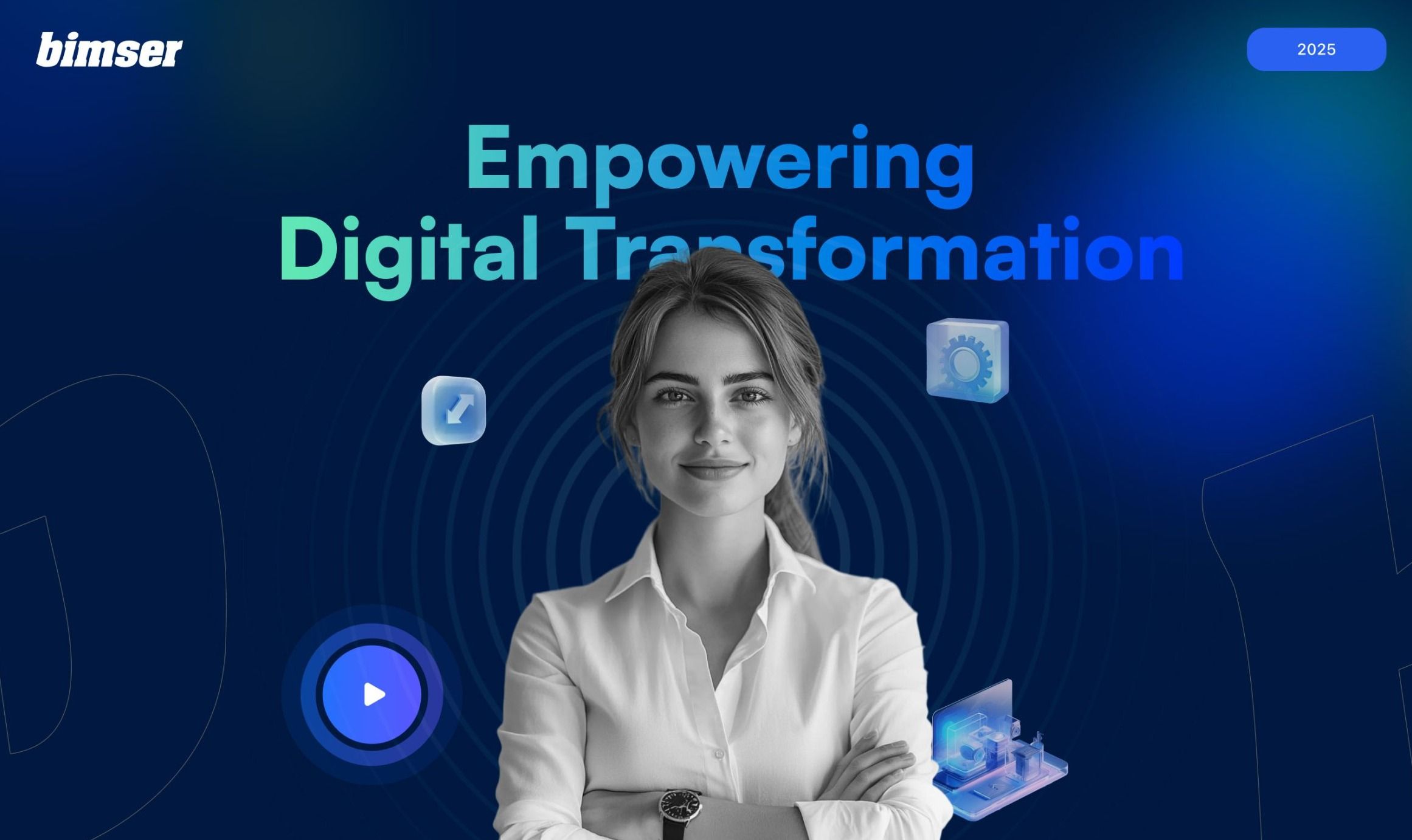 Bimser homepage hero: “Empowering Digital Transformation” over a portrait of a woman in a white shirt.
