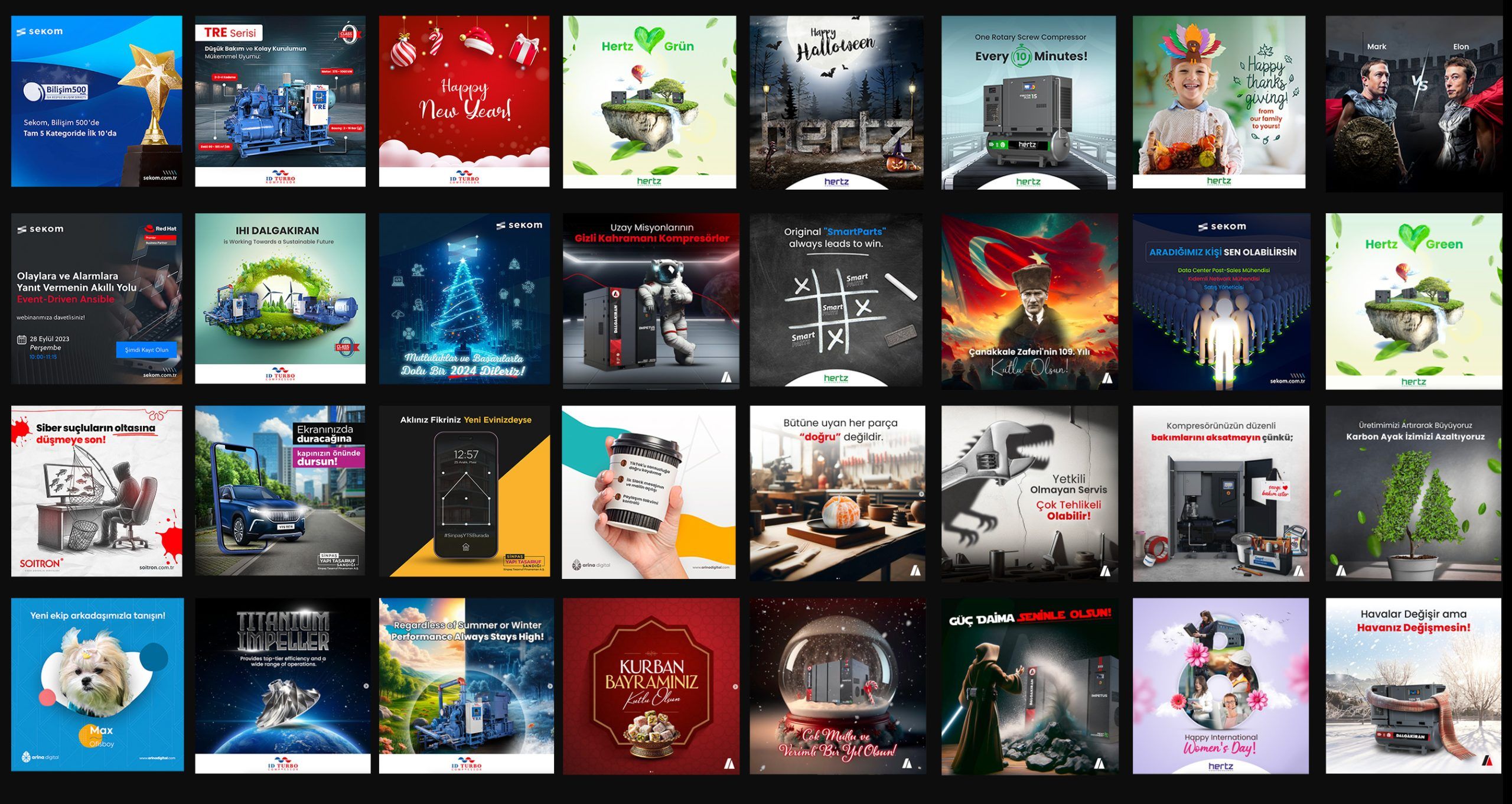 A dense grid of social media posts designed for multiple brands, in many colours.